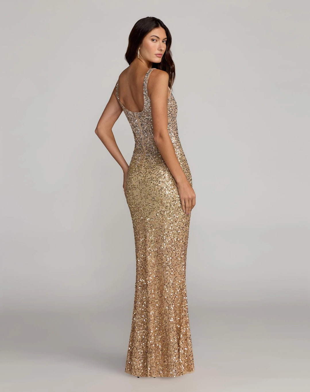 Mac Duggal 6219 Gold Sequin Scoop Neck Column Gown
