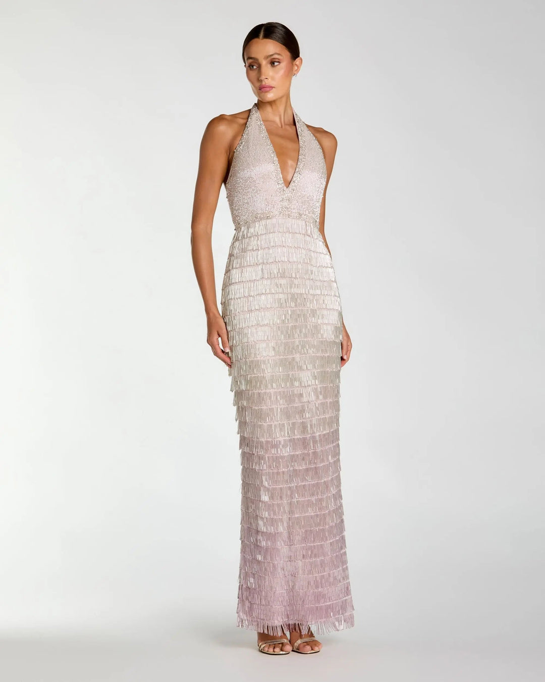 Mac Duggal 6228 Purple and Silver Halter Neck Embellished Fringe Gown - FOSTANI.com