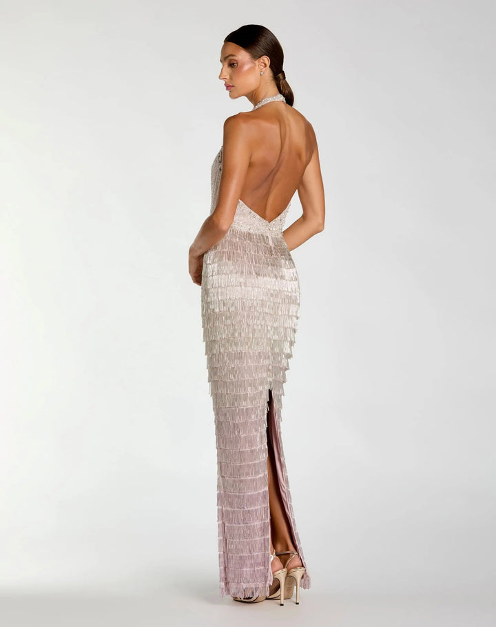 Mac Duggal 6228 Purple and Silver Halter Neck Embellished Fringe Gown - FOSTANI.com