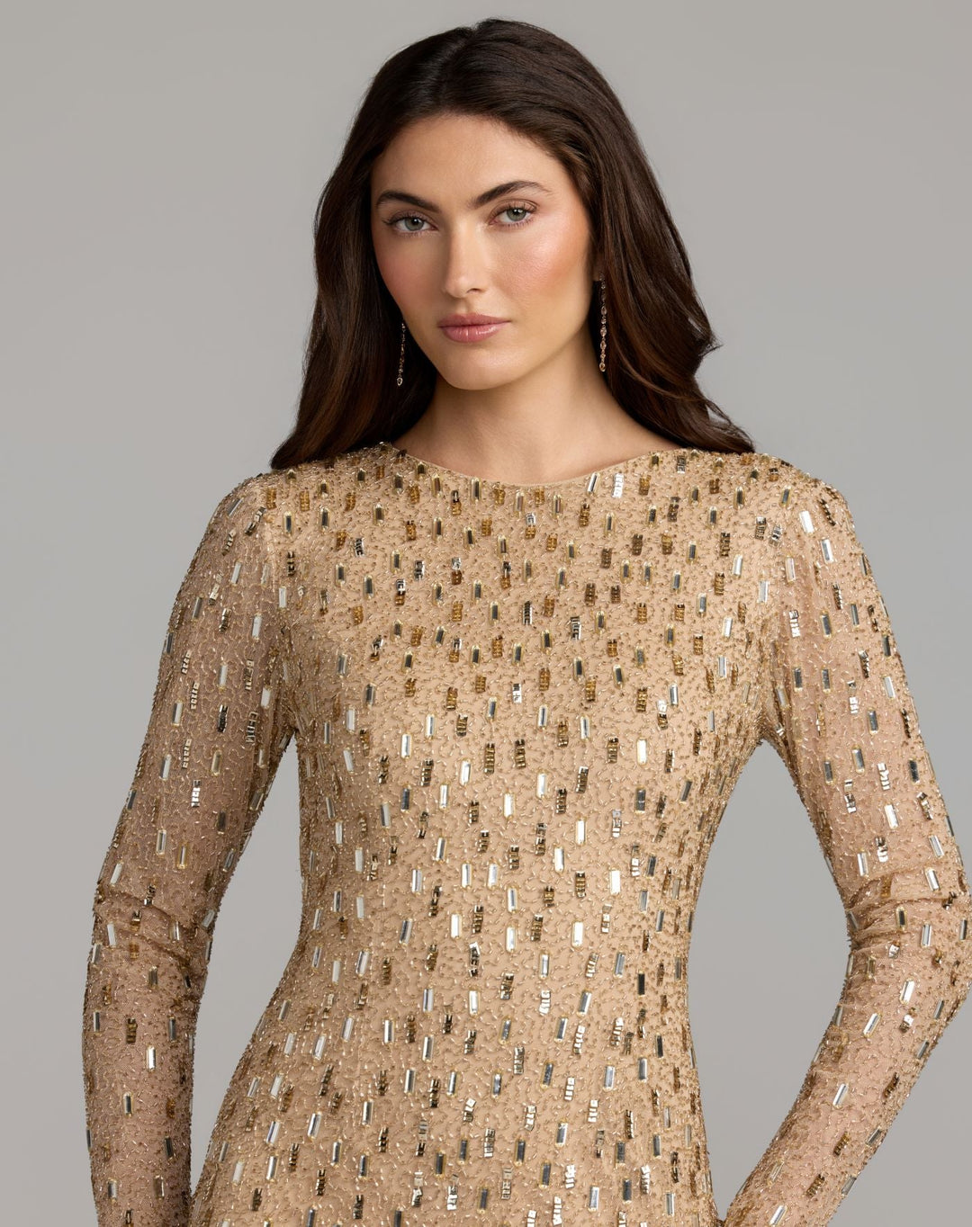 Mac Duggal 6311 Embellished Long Sleeve Fringe Mini Dress