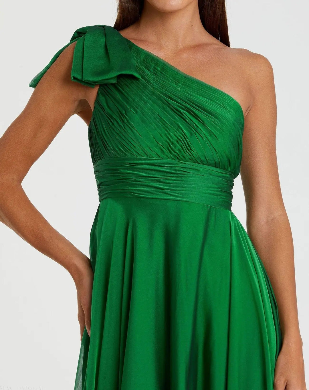 Green Sleeveless One Shoulder Pleated Gown - FOSTANI.com