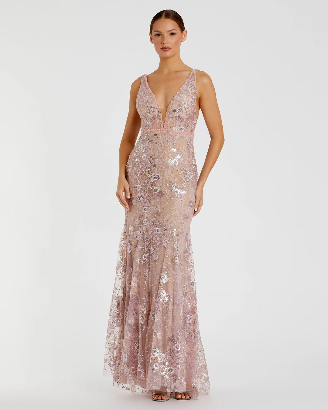 Mac Duggal 67481 Pink Floral Embellished Sleeveless Plunge Neck Gown