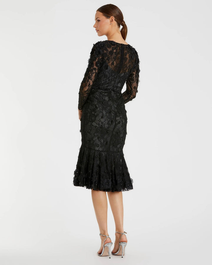 Mac Duggal 67703 Floral Appliqué Long Sleeve Cocktail Dress