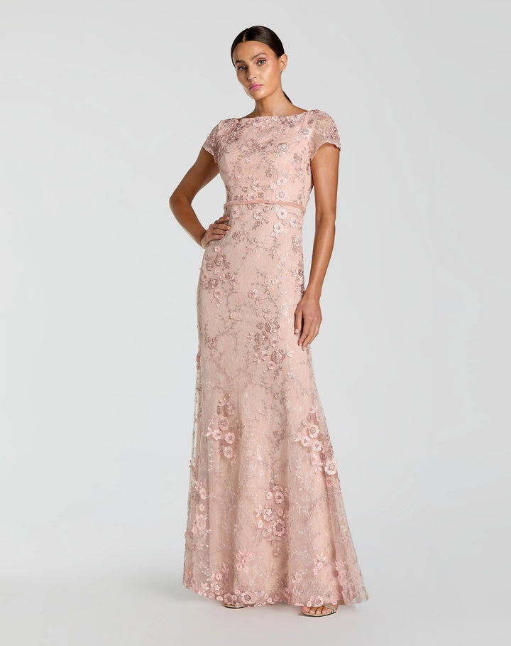 Mac Duggal 67711 Floral Applique Boat Neck Short Sleeve Gown
