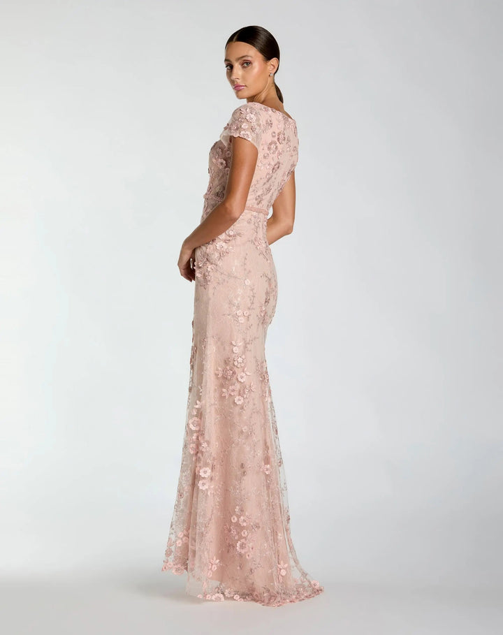Mac Duggal 67711 Floral Applique Boat Neck Short Sleeve Gown