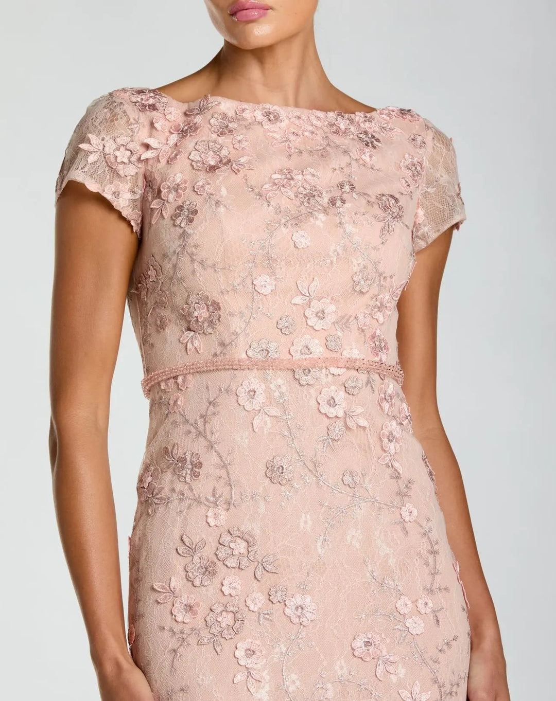 Mac Duggal 67711 Floral Applique Boat Neck Short Sleeve Gown