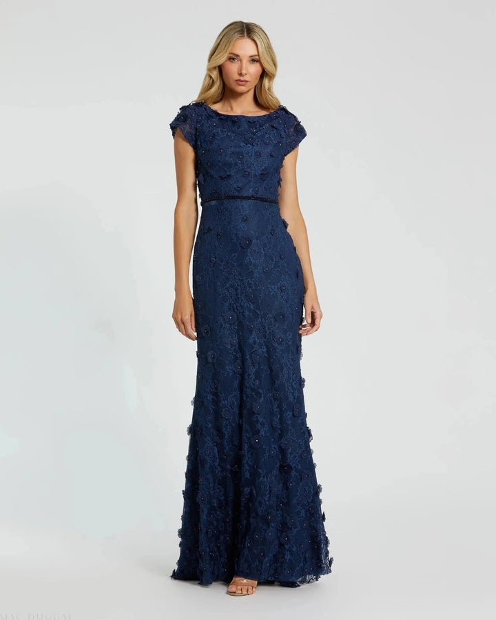 Mac Duggal 67711 Floral Applique Boat Neck Short Sleeve Gown