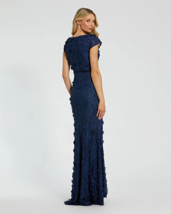 Mac Duggal 67711 Floral Applique Boat Neck Short Sleeve Gown