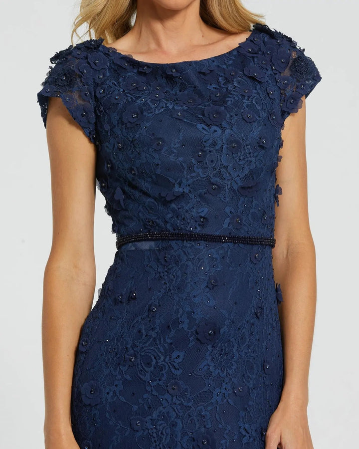 Mac Duggal 67711 Floral Applique Boat Neck Short Sleeve Gown
