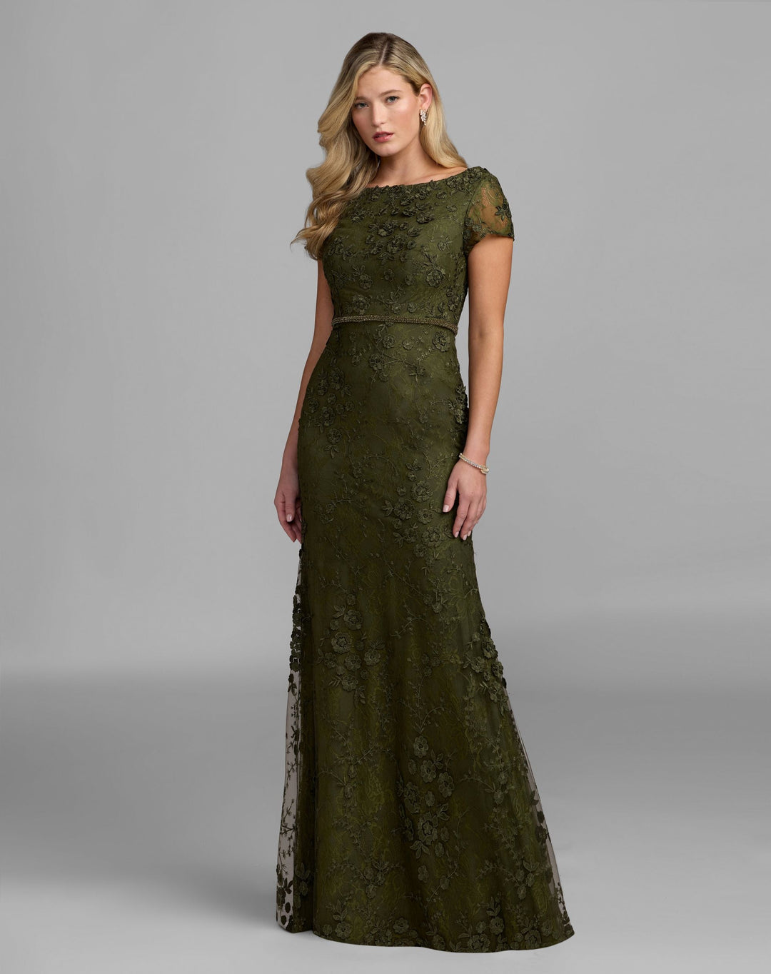 Mac Duggal 67711 Floral Applique Boat Neck Short Sleeve Gown
