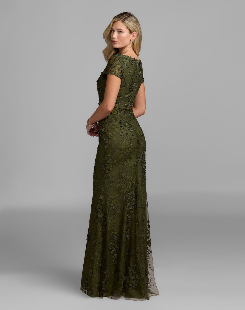 Mac Duggal 67711 Floral Applique Boat Neck Short Sleeve Gown