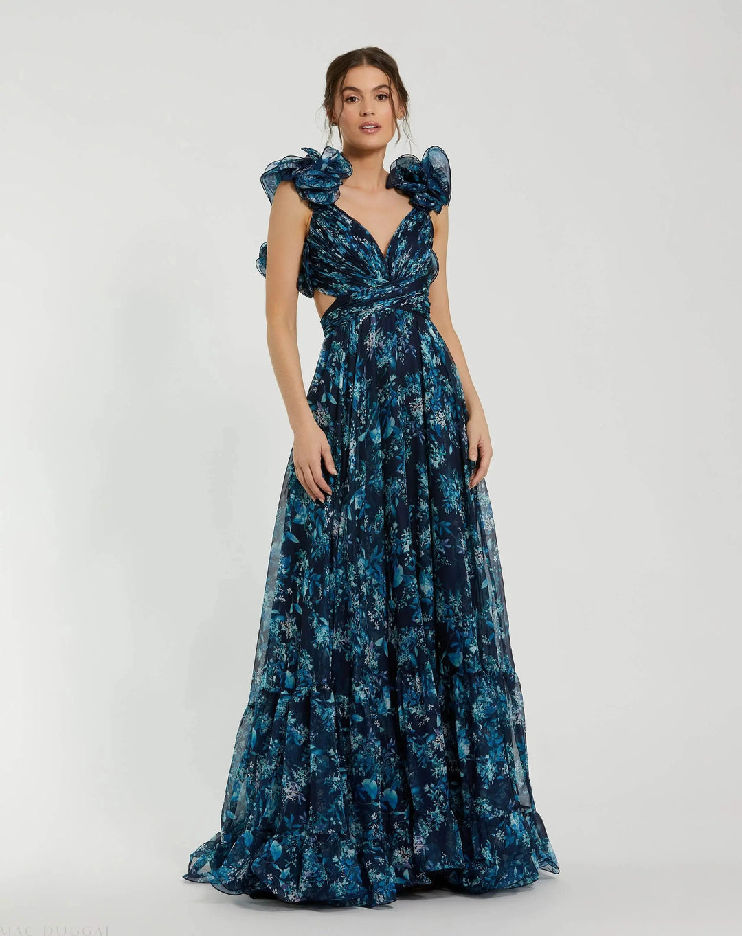 Mac Duggal 67803 Green Ruffle Tiered Floral Cut-Out Chiffon Gown