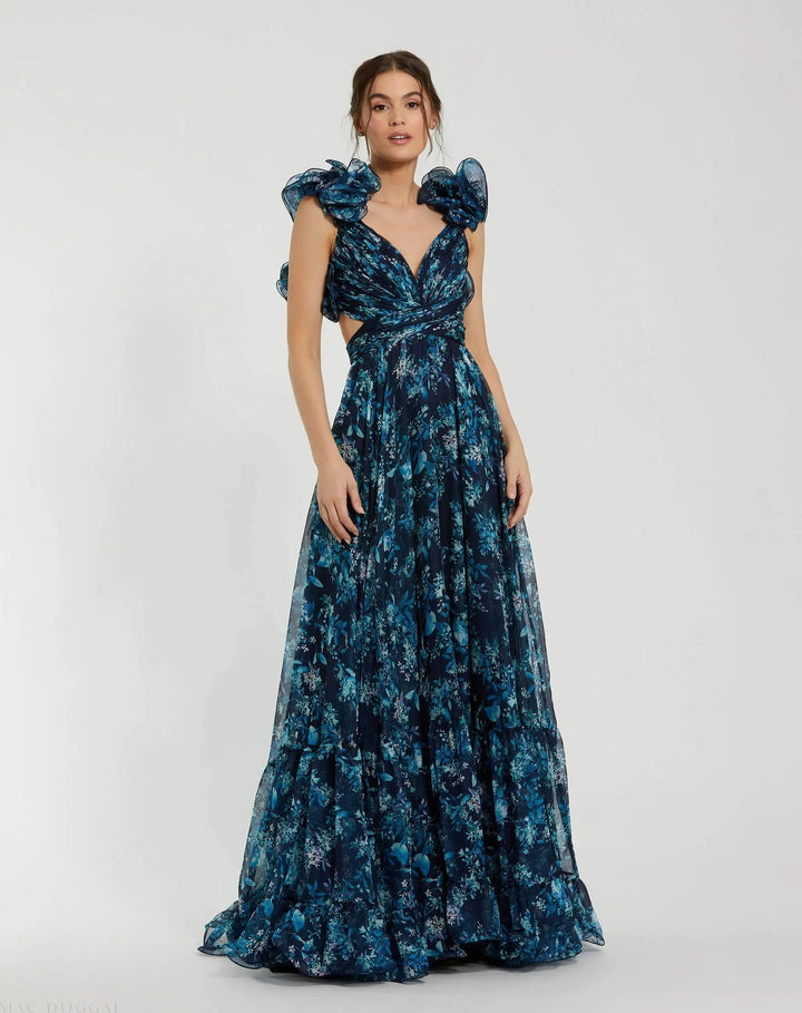 Mac Duggal 67803 Green Ruffle Tiered Floral Cut-Out Chiffon Gown