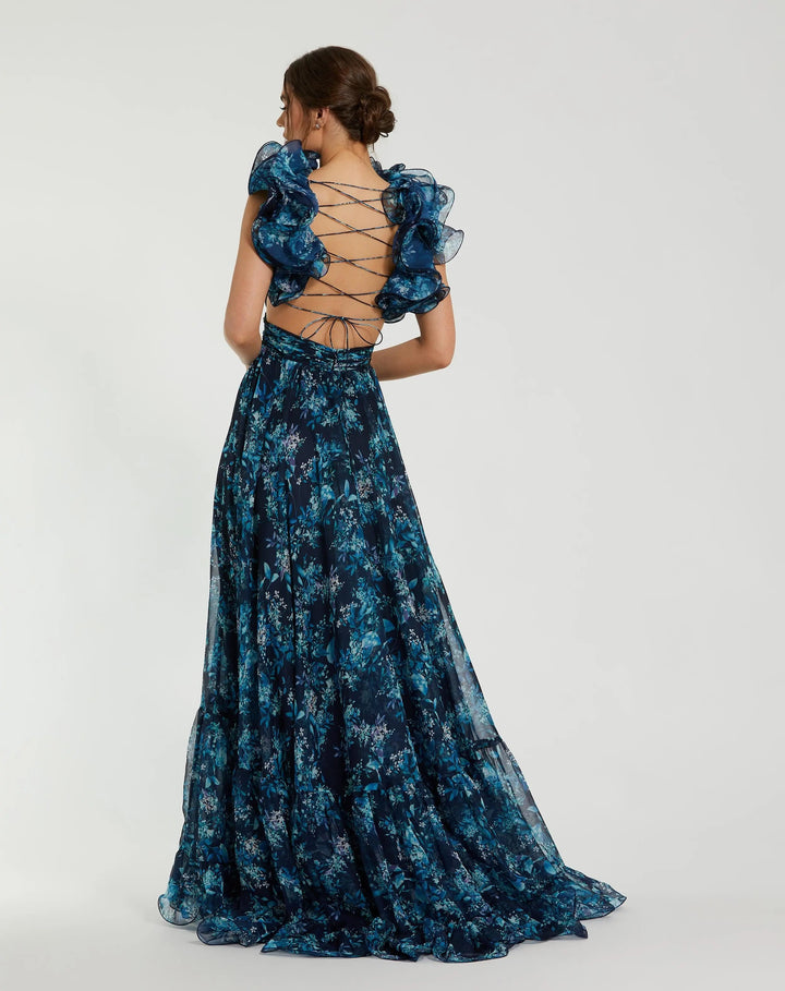Mac Duggal 67803 Green Ruffle Tiered Floral Cut-Out Chiffon Gown