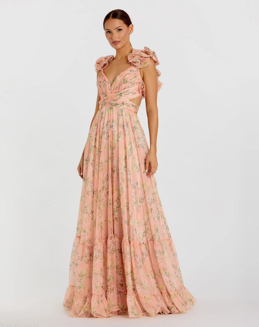 Mac Duggal 67803 Green Ruffle Tiered Floral Cut-Out Chiffon Gown
