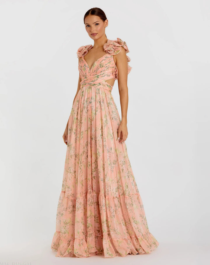 Mac Duggal 67803 Green Ruffle Tiered Floral Cut-Out Chiffon Gown