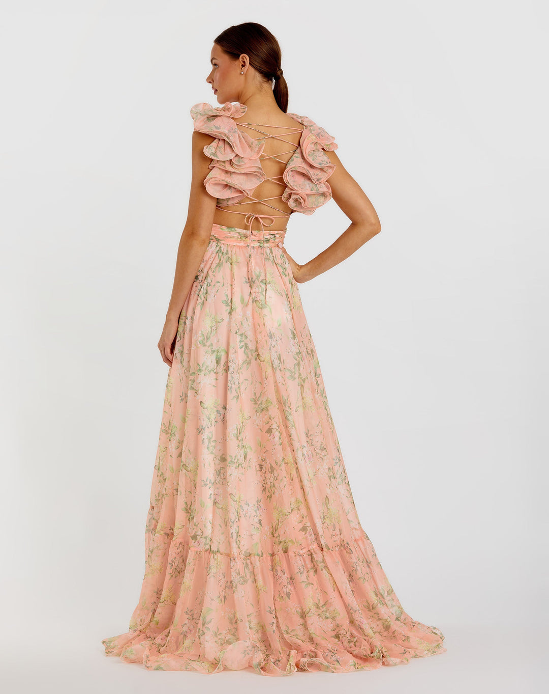 Mac Duggal 67803 Green Ruffle Tiered Floral Cut-Out Chiffon Gown