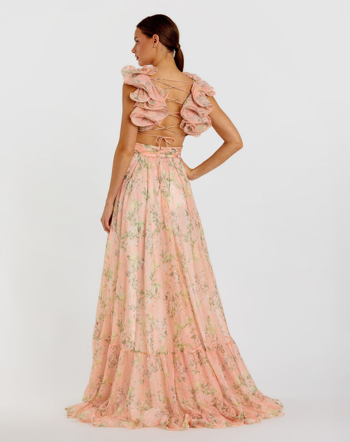 Mac Duggal 67803 Green Ruffle Tiered Floral Cut-Out Chiffon Gown