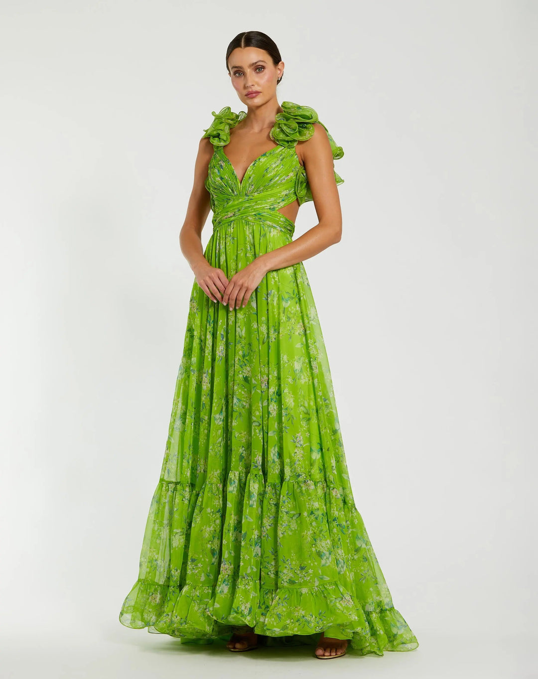 Mac Duggal 67803 Green Ruffle Tiered Floral Cut-Out Chiffon Gown