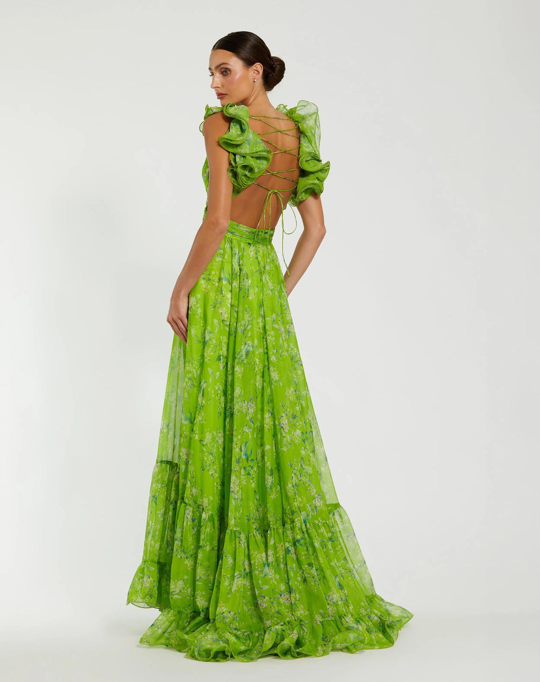 Mac Duggal 67803 Green Ruffle Tiered Floral Cut-Out Chiffon Gown