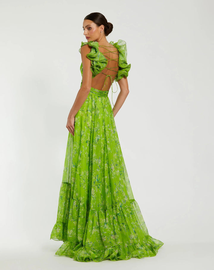Mac Duggal 67803 Green Ruffle Tiered Floral Cut-Out Chiffon Gown