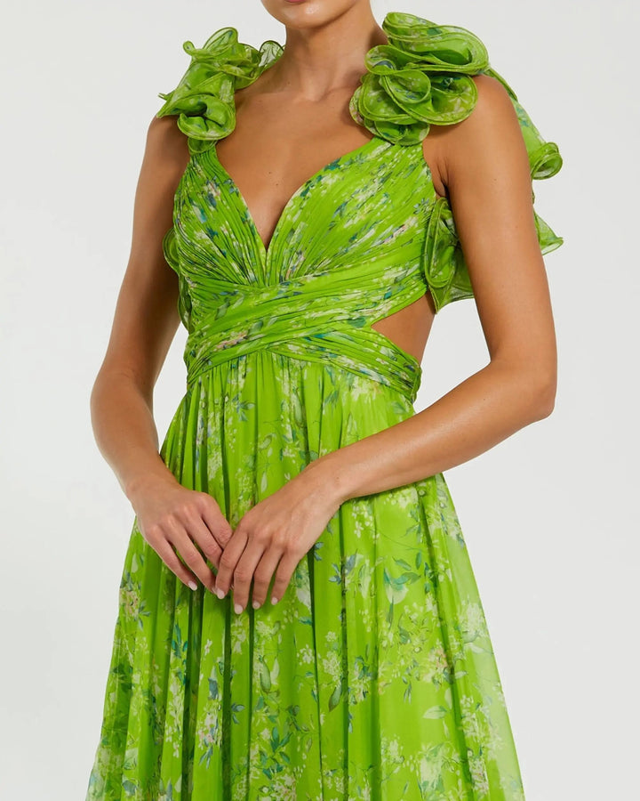 Mac Duggal 67803 Green Ruffle Tiered Floral Cut-Out Chiffon Gown