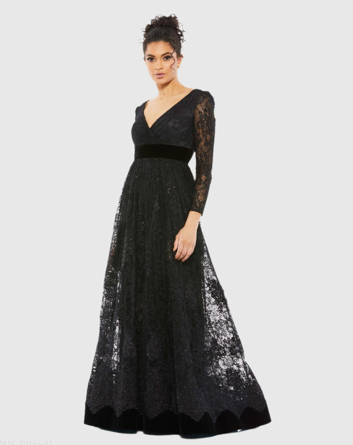 Mac Duggal 67861 Black Lace Long Sleeve V-Neck Wrap Over Gown