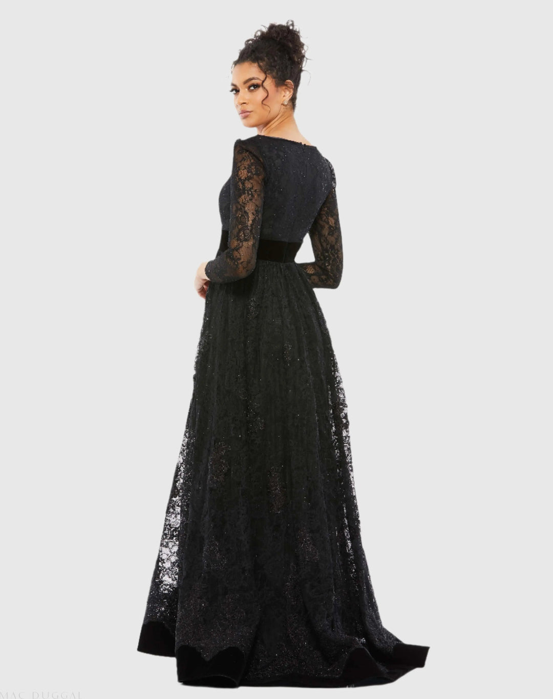 Mac Duggal 67861 Black Lace Long Sleeve V-Neck Wrap Over Gown