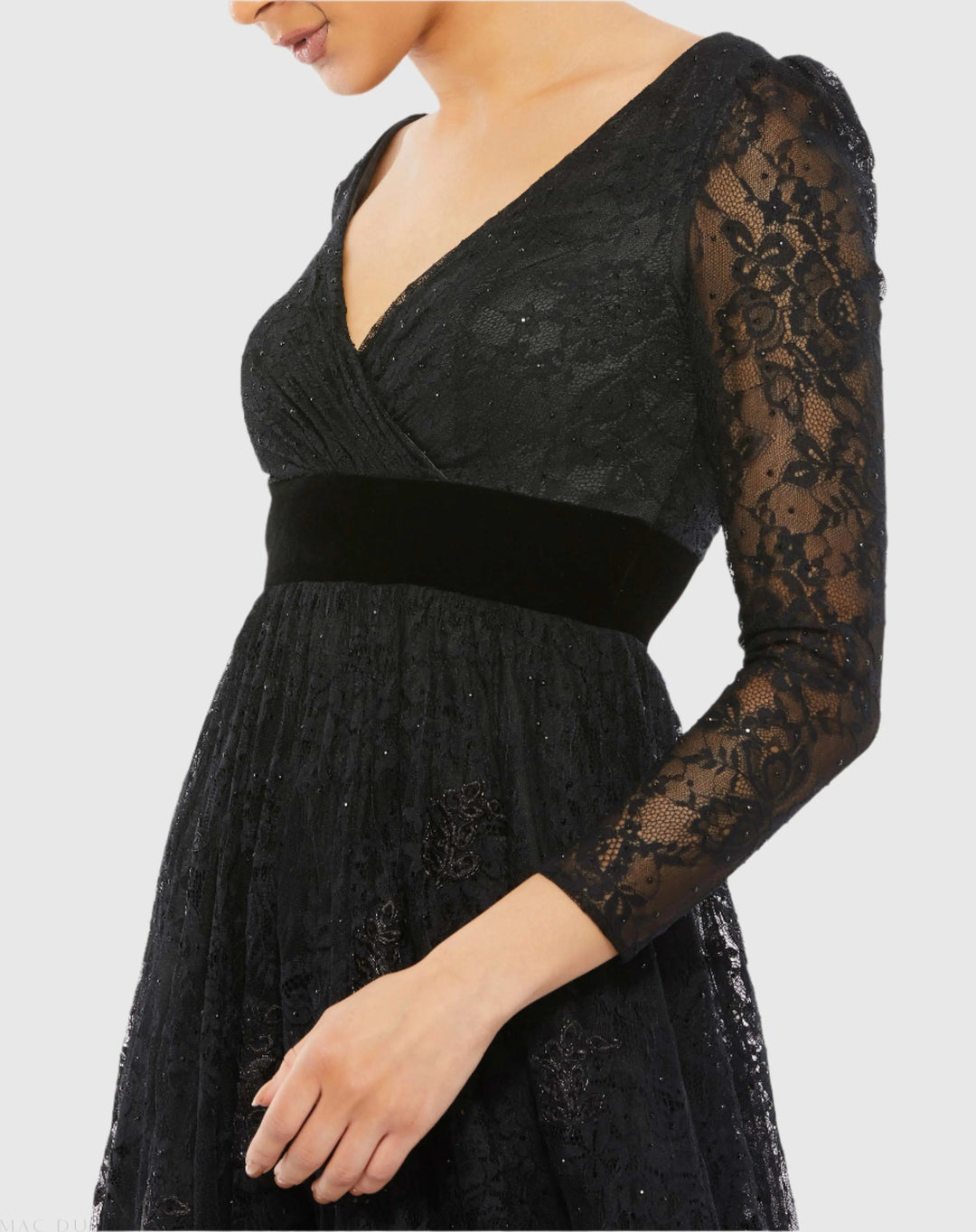 Mac Duggal 67861 Black Lace Long Sleeve V-Neck Wrap Over Gown