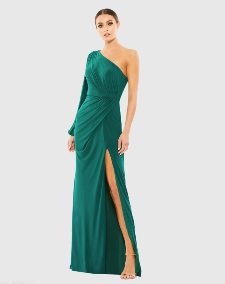 Mac Duggal 67879 Green One Shoulder Puff Sleeve Faux Wrap Gown