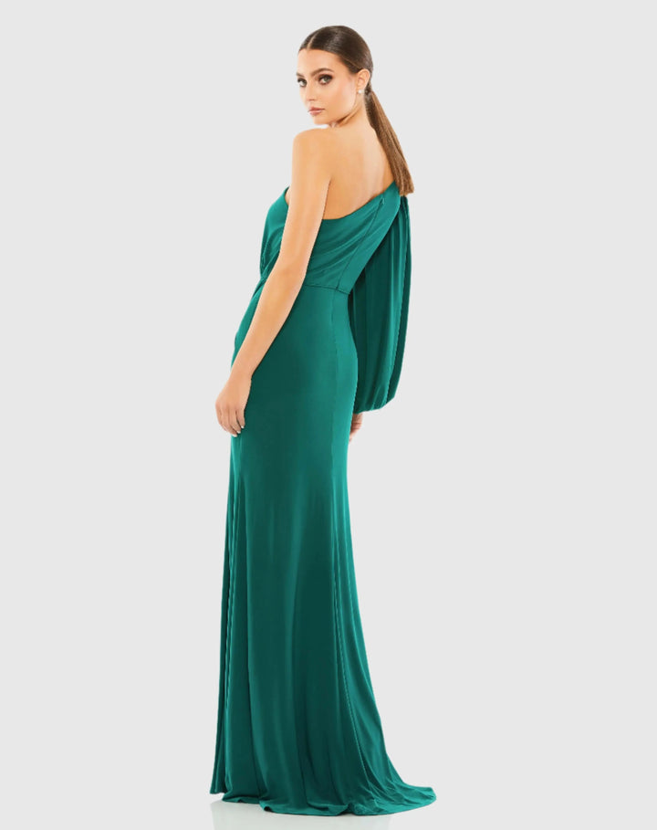 Mac Duggal 67879 Green One Shoulder Puff Sleeve Faux Wrap Gown