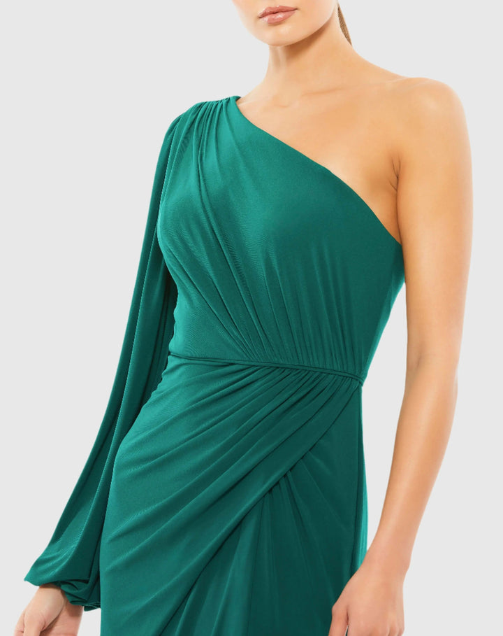 Mac Duggal 67879 Green One Shoulder Puff Sleeve Faux Wrap Gown