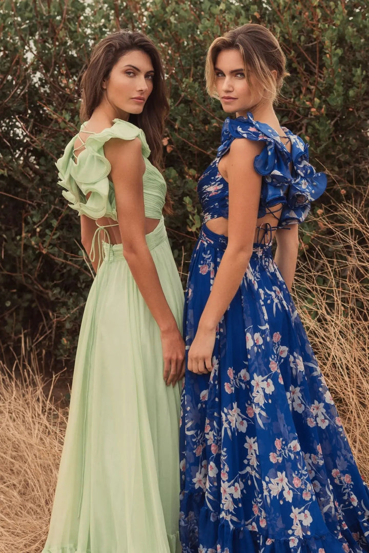 Mac Duggal 68520 Blue Ruffle Tiered Floral Cut-Out Chiffon Gown