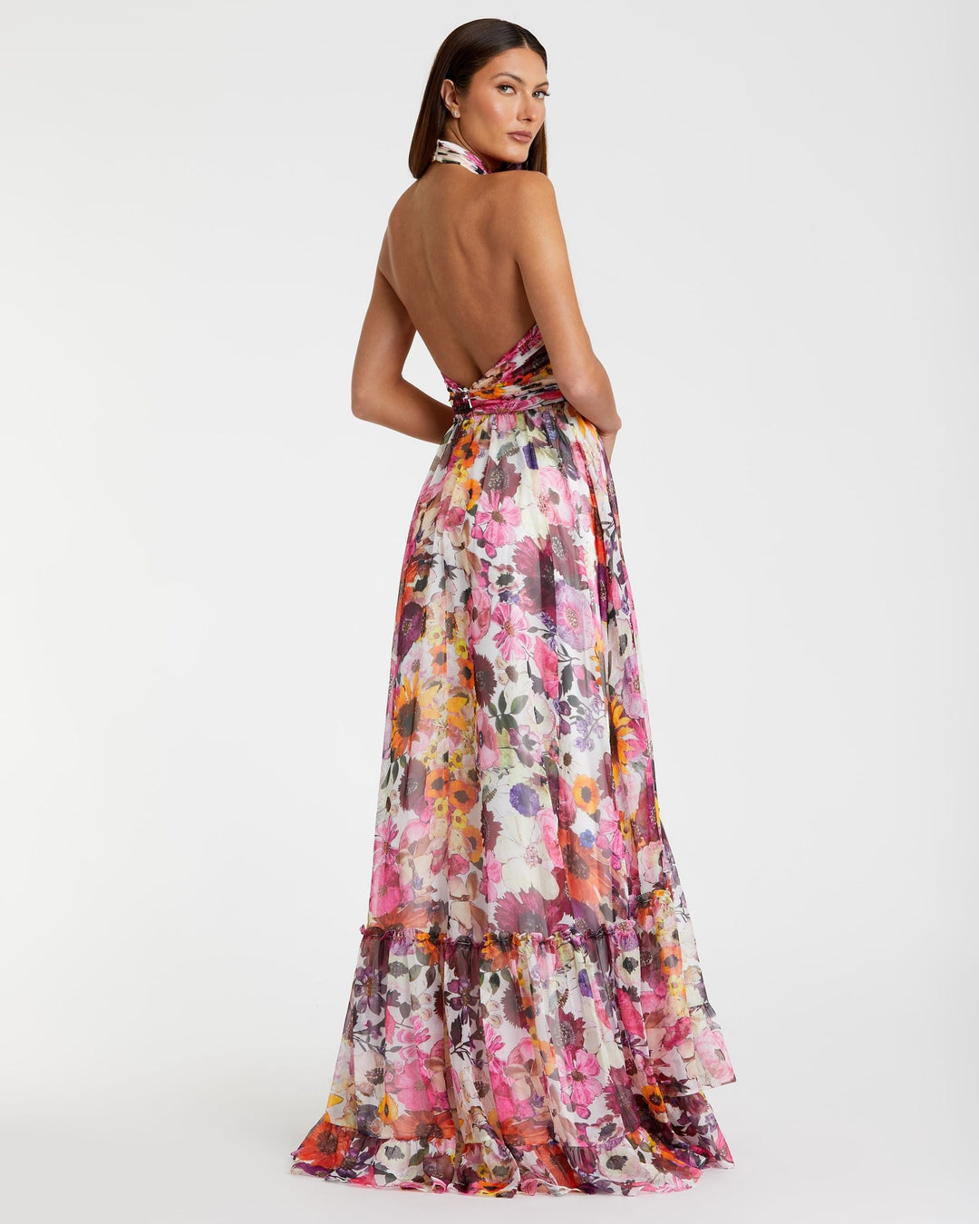 Multicolor Asymmetrical Ruffled Halter Floral Gown - FOSTANI.com