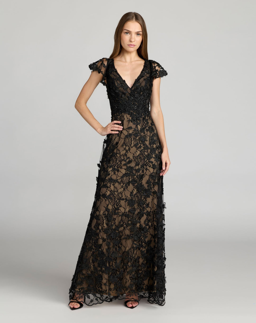 Mac Duggal 68192 Embroidered Applique Wrap Over Flutter Sleeve Gown