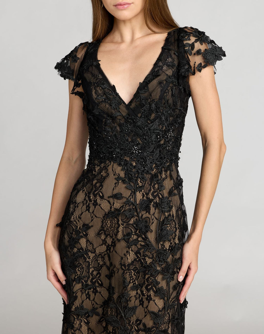 Mac Duggal 68192 Embroidered Applique Wrap Over Flutter Sleeve Gown