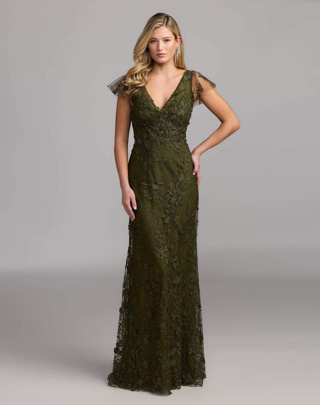 Mac Duggal 68192 Embroidered Applique Wrap Over Flutter Sleeve Gown
