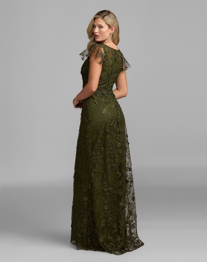 Mac Duggal 68192 Embroidered Applique Wrap Over Flutter Sleeve Gown