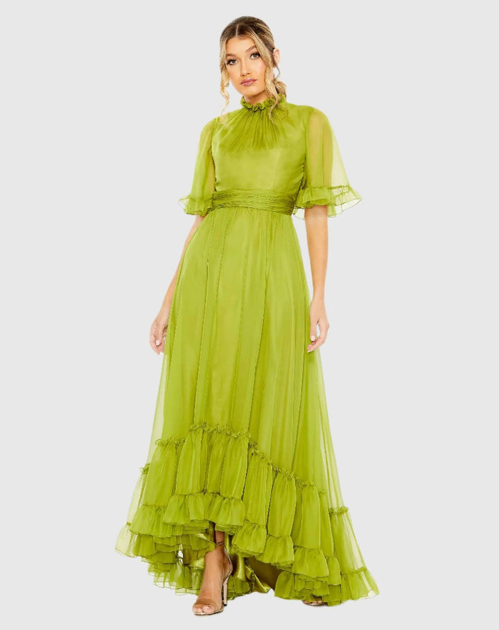 Mac Duggal 68229 Ruffled Mock Neck Flutter Sleeve High Low Hem Gown