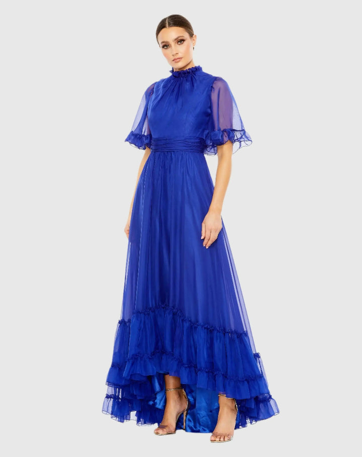 Mac Duggal 68229 Ruffled Mock Neck Flutter Sleeve High Low Hem Gown