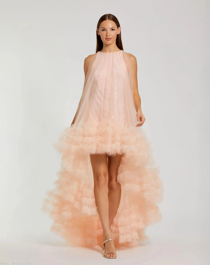 Mac Duggal 68252 Tulle High Neck Sleeveless Ruffled Hem Hi-Low Gown