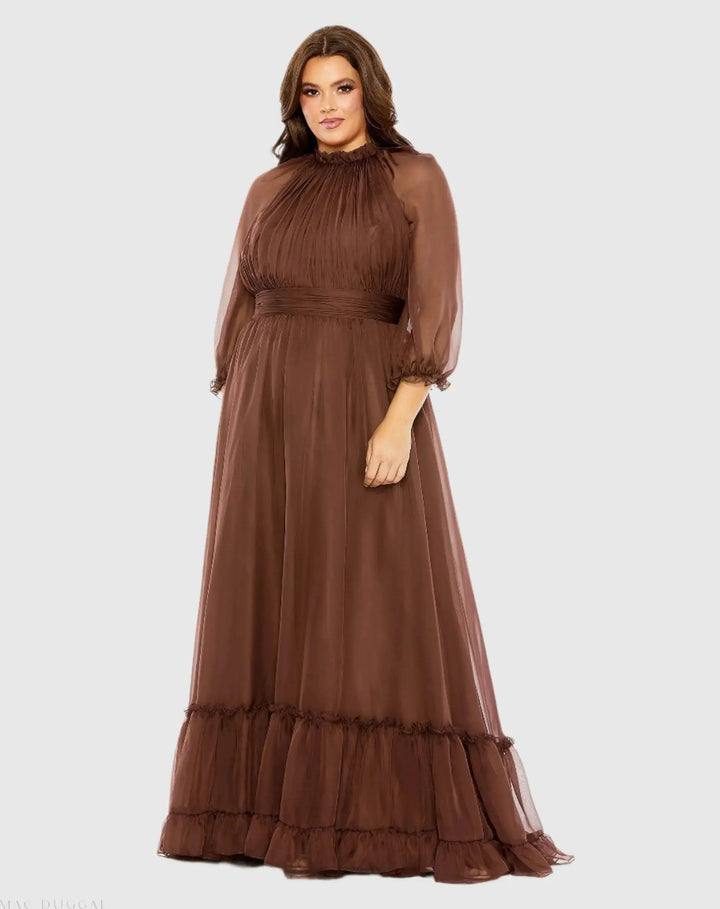 Mac Duggal 68426 High Neck Puff Sleeve Tiered A Line Gown