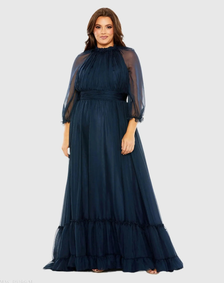 Mac Duggal 68426 High Neck Puff Sleeve Tiered A Line Gown