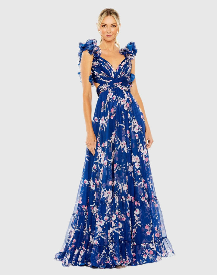 Mac Duggal 68520 Blue Ruffle Tiered Floral Cut-Out Chiffon Gown