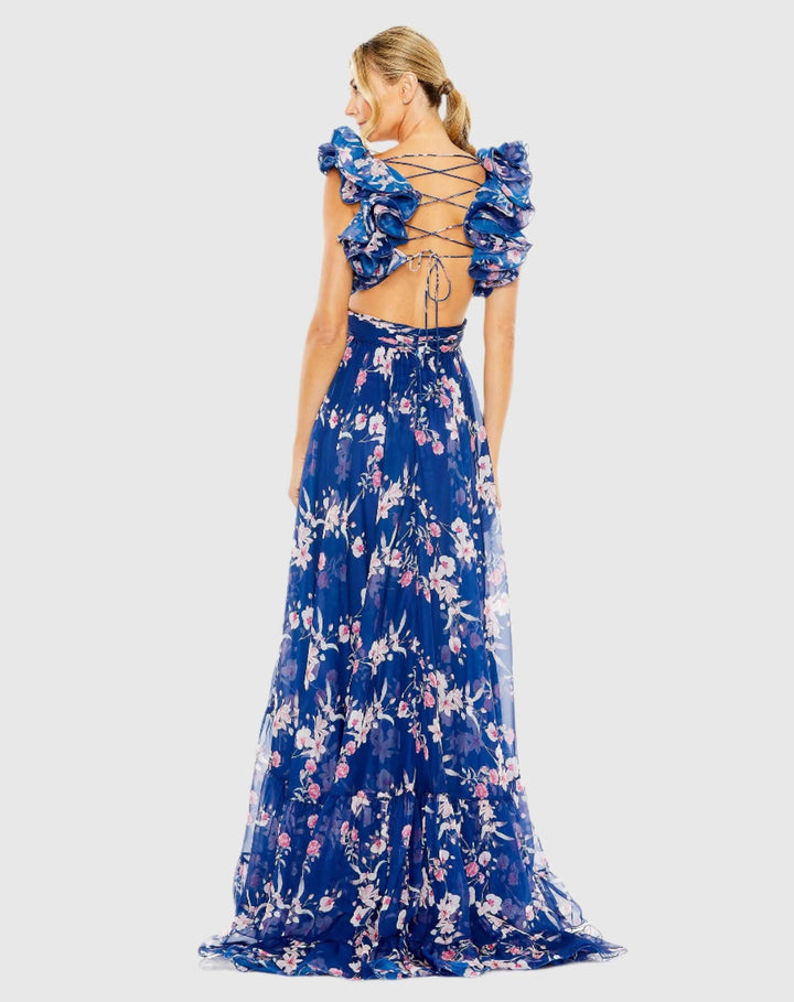 Mac Duggal 68520 Blue Ruffle Tiered Floral Cut-Out Chiffon Gown