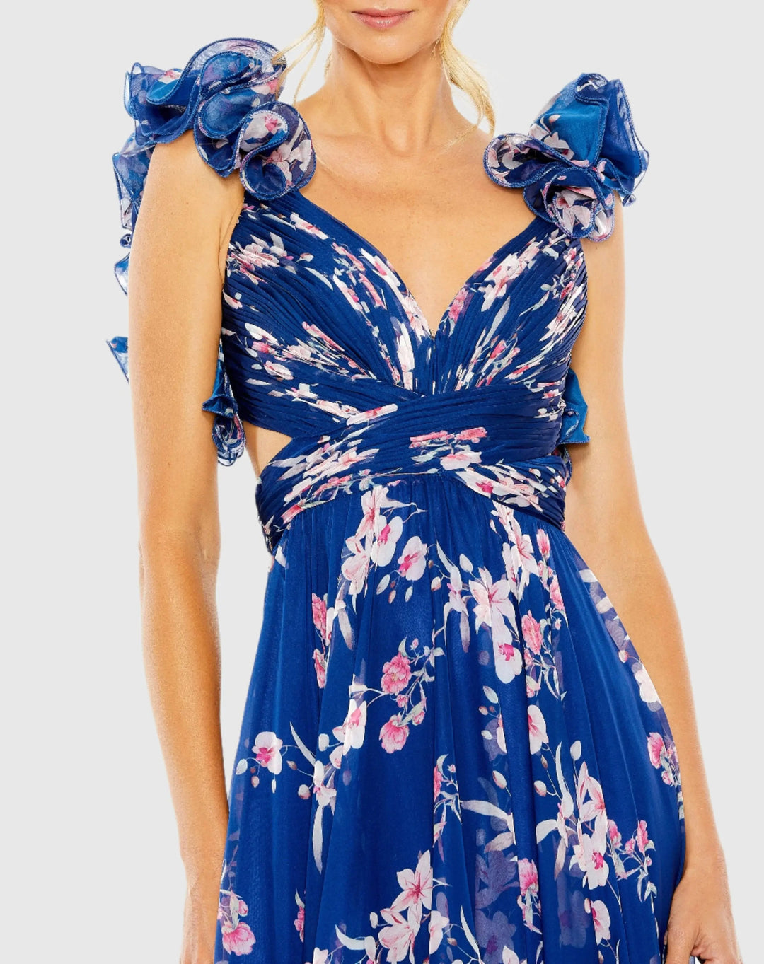 Mac Duggal 68520 Blue Ruffle Tiered Floral Cut-Out Chiffon Gown
