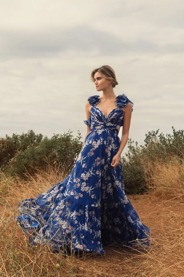 Mac Duggal 68520 Blue Ruffle Tiered Floral Cut-Out Chiffon Gown