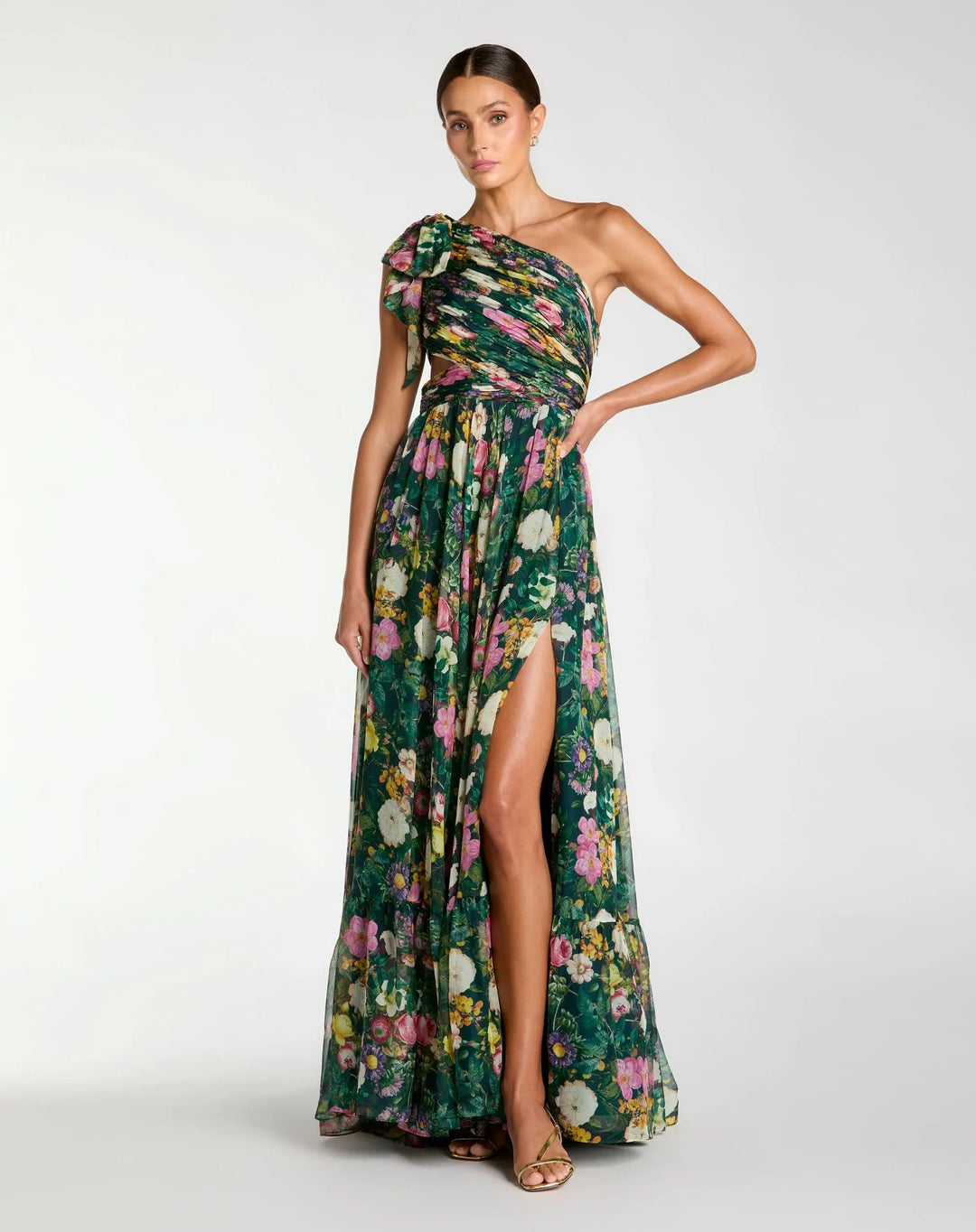 Green One Shoulder Floral Printed Chiffon Side Cut Out Gown - FOSTANI.com