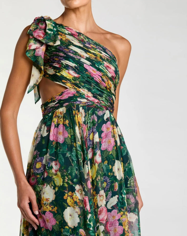 Green One Shoulder Floral Printed Chiffon Side Cut Out Gown - FOSTANI.com