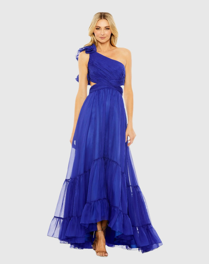 Mac Duggal 68639 One Shoulder Ruffle Tiered Cut-Out Chiffon Gown
